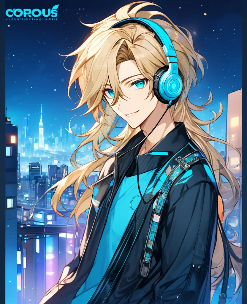 (Blonde_hair),(long_male_hair), (cyan_vibrant_eyes), (detailed_eyes), (warm_smile), (attractive), (background_colorful_night_city), (male), (detailed_Hair), (detailed), (wears_19's_outfit), (uses_headphones)