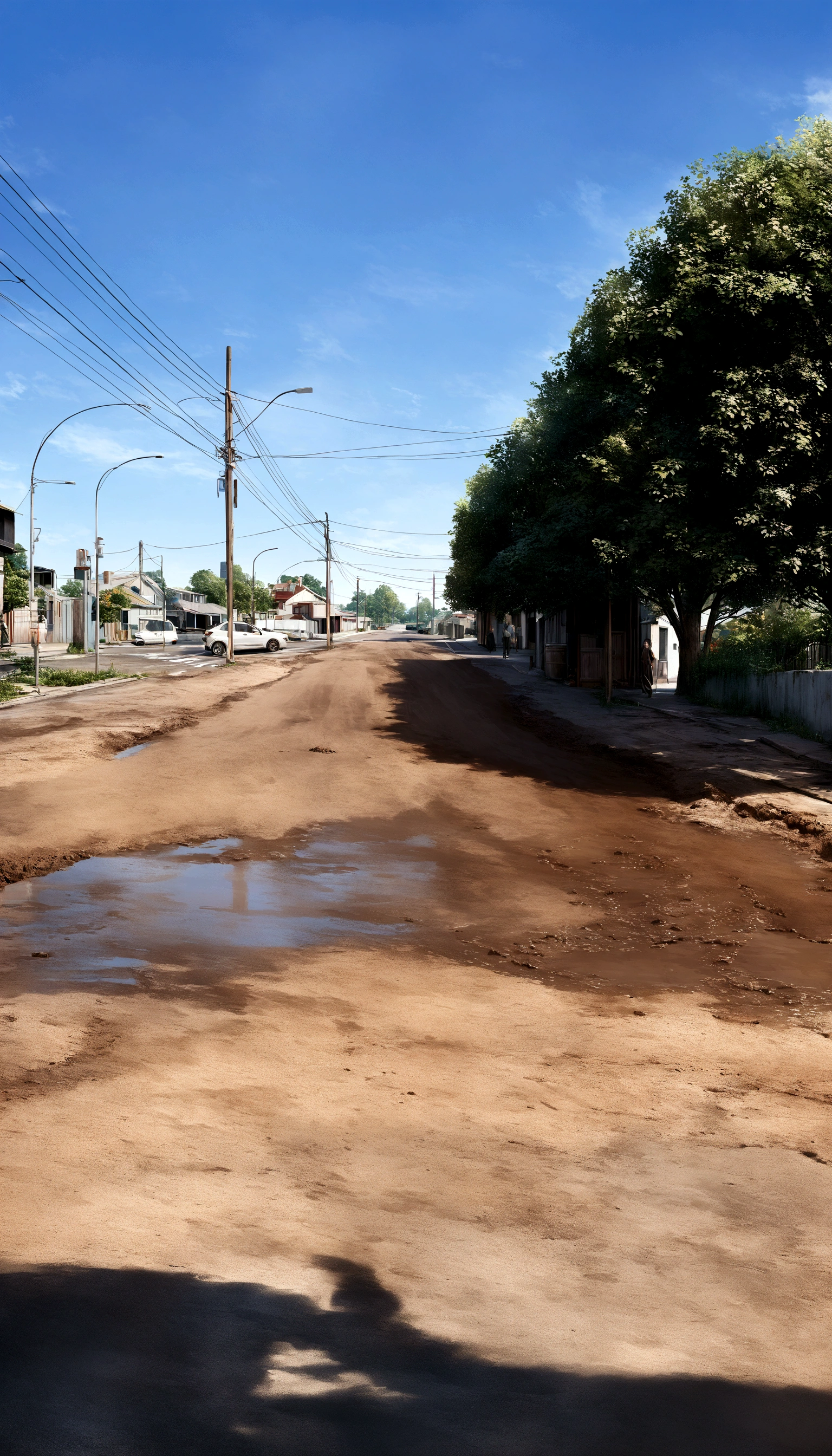 rebuild this street by laying asphalt and removing the mud, leaving the street beautiful, ultra realistic, 4k