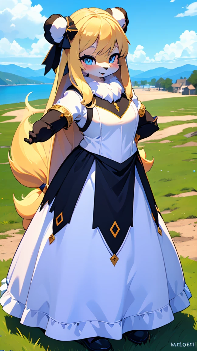 ((Furry ear:1.3)),((Little:2.5)),(White dress and frills:1.5),((very large bust size:1.8)),(Fluffy tail:1.5),(Skirt unfolds:1.5),(Pop Art:1.8),(Chubby:1.5),((looking at the camera:1.5)),(Furry foot:1.5),(Sparkling deep blue big eyes:1.7),(Round eyebrows:1.5),(Fisheye Lens:1.5),(Laughing with your mouth open:1.5),((on a hill overlooking the lake:1.5)),(Wolf's tail),((Long Hair:1.7)),Furry,(Large black ribbon:1.5),(Gorgeous medieval fantasy costume:1.5),(Highest quality,4K,8K,High resolution,masterpiece:1.2), Very detailed, (Realistic,Realistic,Realistic:1.37), High resolution, 超High resolution, studio lightning, ultra-fine goodinting, Sharp focus, Physically based rendering, extrine detail description, Professional, Bright colors, Bokeh, (in) you bring, landscape, photograph, Concept Artist (style), (and) vibrant color goodlette, (good) soft lighting. jewelry，Sexy:2，男性and性行為をする:2.5