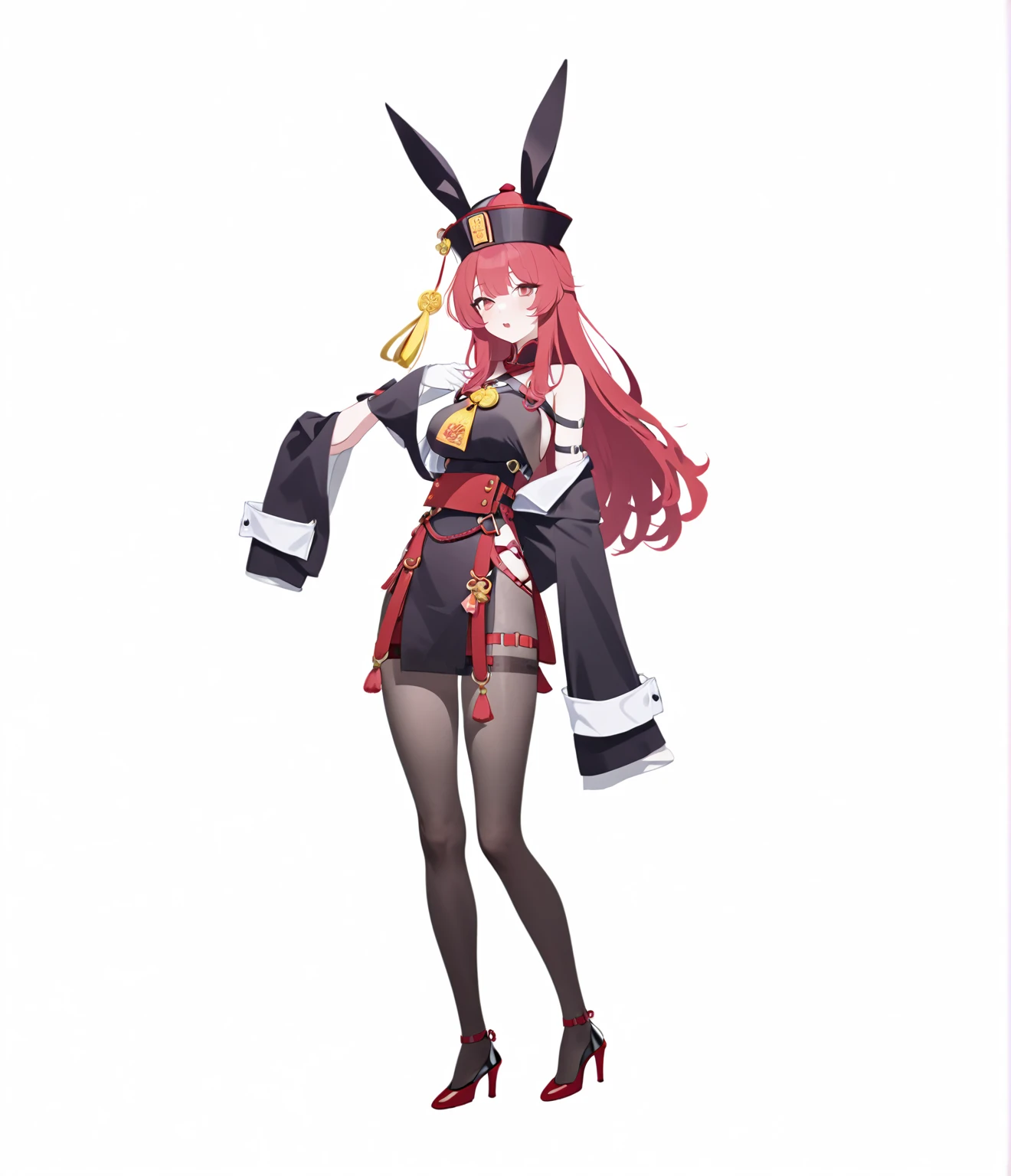 red long hair, bunny girl, transparent stockings, Jiangshi hat with yellow amulet, bunny ears, wide sleeves, red waist strap, fashion harness, high heel