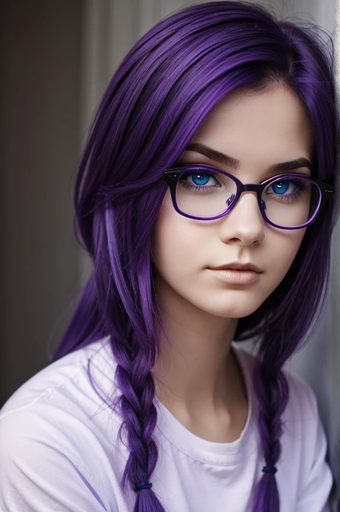 emo girl with glasses and blue eyes with purple hair