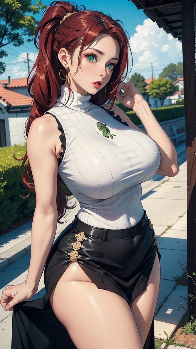  (masterpiece, top quality, best quality, official art, beautiful and aesthetic:1.2), (beautiful face), 
extremely detailed,colorful,highest detailed, (outdoors), tall Beautiful Russian girl with huge tits with very long dark red hair and green eyes, high ponytail, very long braid, perfect body, blush, tall female, voluminous hair, sexy girl, red lips, huge breasts, dark redhead, cowboy_shot, green eyes, perfect breasts, makeup, earrings, sexy, cute, (sleeveless turtleneck:1.5), ((luminernd)), ((skirt)), standing