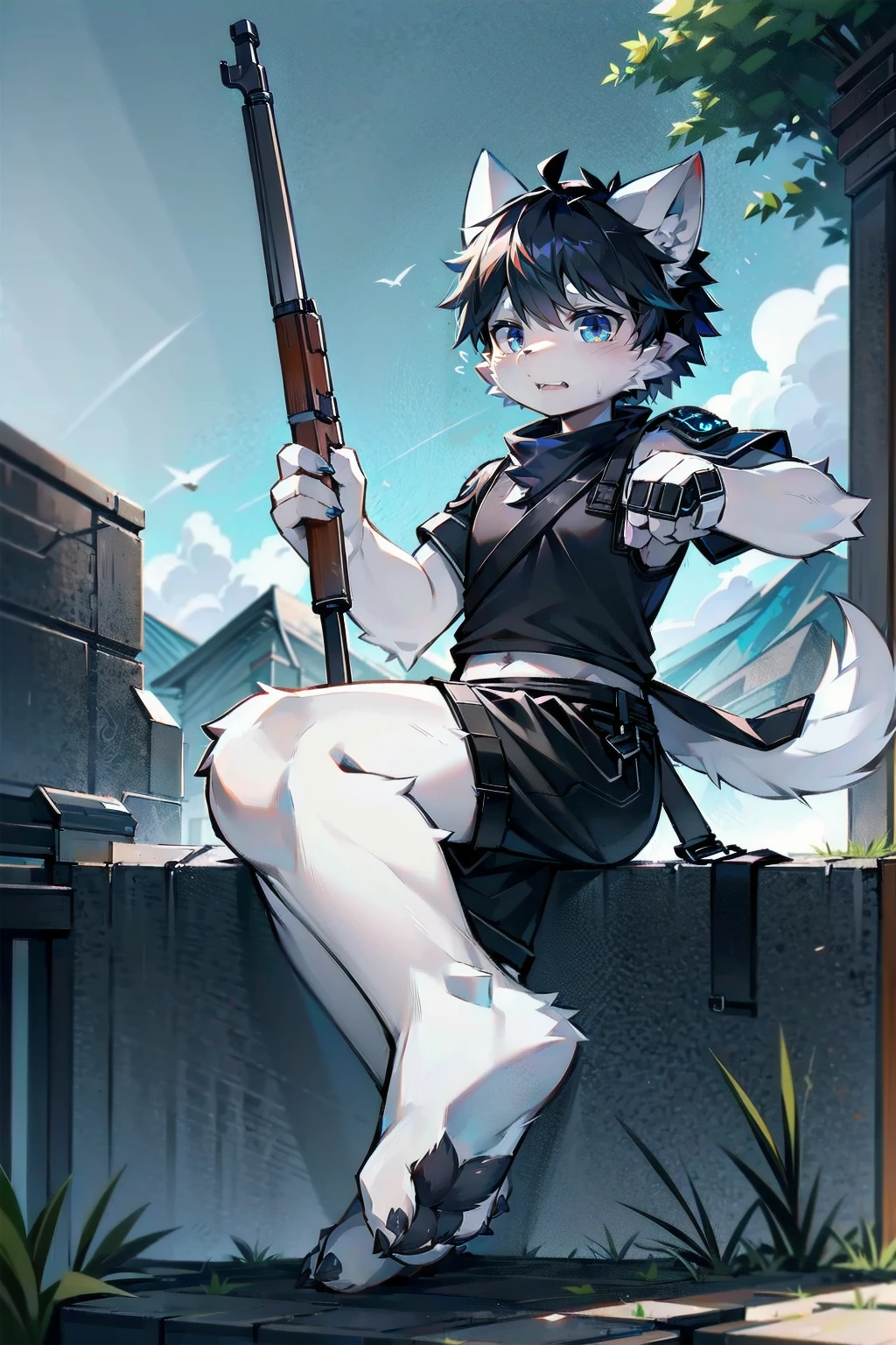 White Wolf，male，juvenile，Off-white fur，black hair，Sky blue eyes，hairy，Wolf ears，Wolf Tail，Black combat uniform，Black body armor，Short sleeve，arm，Holding a gun，aim，Black shorts，Expose calves，foot，Red neck bib，wind，Highest quality