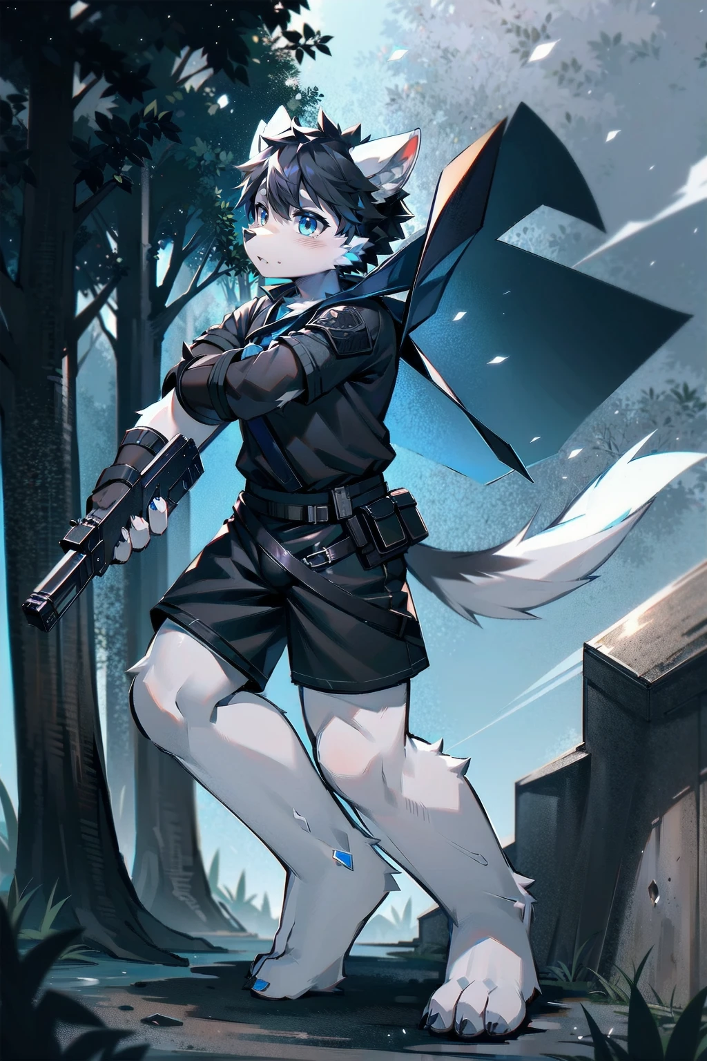White Wolf,male,juvenile,Off-white fur,black hair,Sky blue eyes,hairy,Wolf ears,Wolf Tail,Black combat uniform,Black body armor,Short sleeve,arm,Holding a gun,aim,Black shorts,Expose calves,foot,Red neck bib,wind,Highest quality
