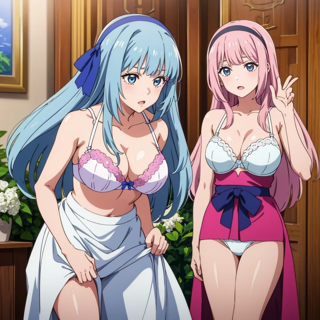 White 、White 、In 、masterpiece, highest quality, 8K,Mylene HFV4, Anime Coloring,  One girl,  jewelry, hair band, blue hair band,Very long hair,Pink 