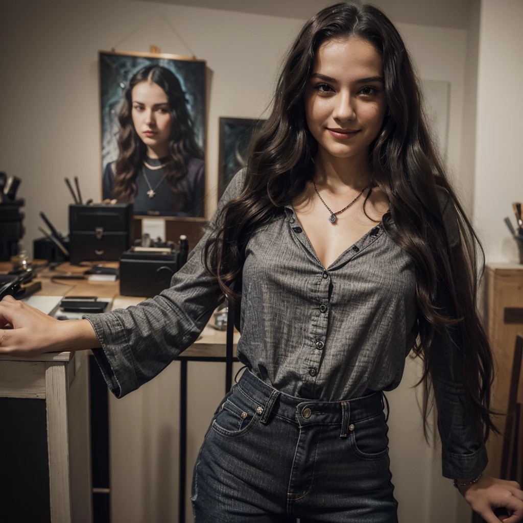 ((best qualityer)), ((work of art)), (detailded), 1 girl, roaring 20s, looking at the camera, Selfie, Grinning, long  hair, wavyhair, dark haired, bblack shirt, short jeans curto Black, Fine silver necklace, no shopping 