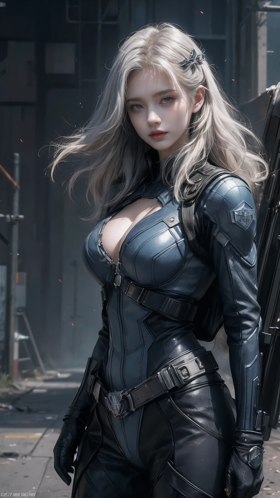(1girl:1.3), solo, __body-parts__, official art, unified wallpaper 8k, super detailed, beautiful and aesthetic, beautiful, masterpiece, best quality, raw, masterpiece, super beautiful photo, best quality, super high resolution, photorealistic realism, sunlight, full-length portrait, amazing beauty, dynamic pose, delicate face, bright eyes, white hair ((rear view)), she wears a futuristic Captain America costume, blue color scheme, (hand a shield), Capital A on the chest, very detailed abandoned warehouse background, detailed face, detailed complex busy background, dirty, gorgeous, milky white, very detailed skin, realistic skin details, visible pores, sharp focus, volumetric mist, 8k uhd, SLR camera, high quality, film grain, light leather, photorealism, lomography, huge metropolis in a future dystopia, bottom view, translucent