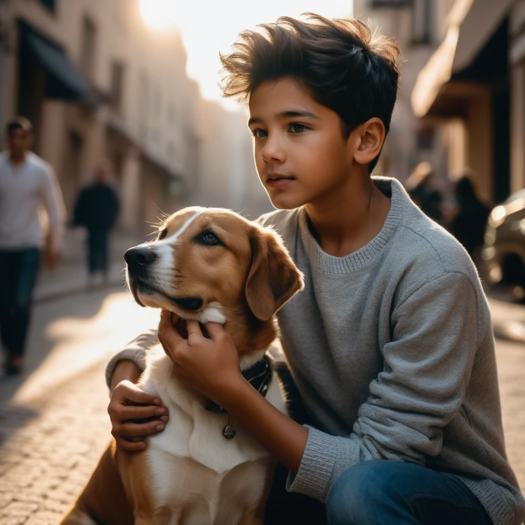 photo of boys playng with dogs in the street ((perfect eyes, detailed eyes,realistic eyes)), (detailed face, realistic face, naturtal skin, realistic skin, detailed skin, pores)), (masterpiece, best quality, ultra-detailed, best shadow), high contrast, (best illumination), ((cinematic light)), colorful, hyper detail, dramatic light, intricate details, ultra detailed artistic photography, dreamy, backlit, shadows, ultra high definition, 8k, ultra sharp focus, ultra high quality model, soft lighting, film photography, analogue photography, hyperrealism,