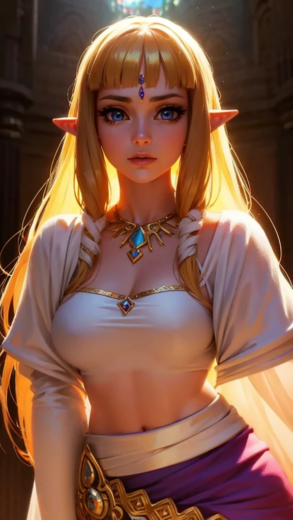 a beautiful detailed princess zelda, extremely detailed face, beautiful detailed eyes, beautiful detailed lips, long eyelashes, large breasts, intricate ornate jewelry, royal fantasy medieval gown, ethereal glowing light, cinematic dramatic lighting, vibrant colors, fantasy digital art, photorealistic, 8k, highly detailed, masterpiece
