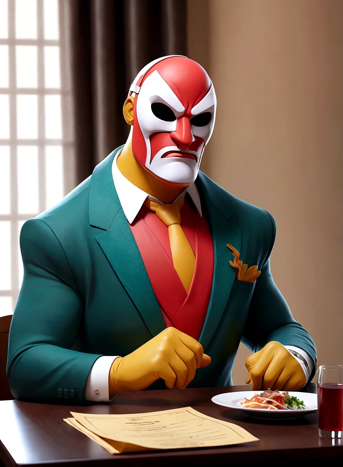 Minimalistic comic artwork of a large man in a business suit, wearing a wrestling mask, sitting at a dinner table looking at a menu, crosshatching, 2D, Sharp, Detailed, HD, HDR, High Quality, High Resolution, Masterpiece, single panel