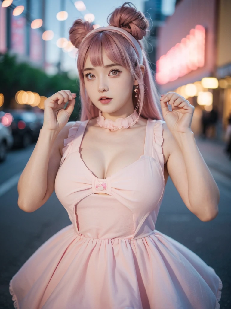 Gorgeous Girl, Beautiful, Baby Face, 20 Years Old, White Skin, Huge Colossal Breasts, Huge Chest, ((muscles:1.3)), Sleeveless, Cleavage, ((Pink Pinafore Dress)), Bunny Headband, Pink Medium Hair, ((adorable:1.1)), ((masterpiece:1.1)), Goth Make Up, Dark Street Outdoor, ((bokeh:1.1)), Pose, Sexy Look, Pink Coloured