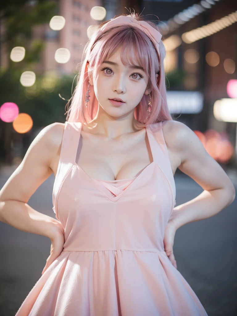 Gorgeous Girl, Beautiful, Baby Face, 20 Years Old, White Skin, Huge Colossal Breasts, Huge Chest, ((muscles:1.3)), Sleeveless, Cleavage, ((Pink Pinafore Dress)), Bunny Headband, Pink Medium Hair, ((adorable:1.1)), ((masterpiece:1.1)), Goth Make Up, Dark Street Outdoor, ((bokeh:1.1)), Pose, Sexy Look, Pink Coloured