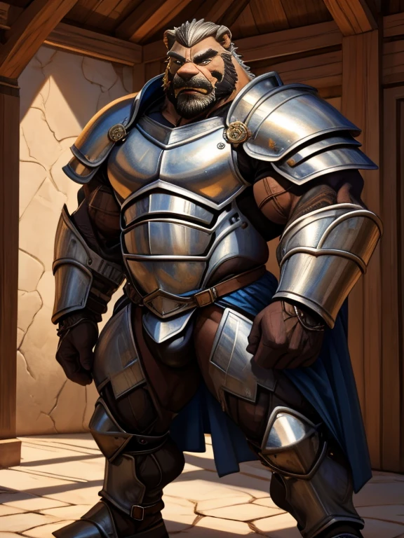 burly virile hairy werelion, in a suit of armor, a himbo muscle daddy, middle-aged dilf, hirsute, overmuscular and musclebound, bulging veiny muscles, a warrior's build, a bodybuilder's physique, long bushy and a thick mustache, a square jaw, handsome and dreamy, grey hair, a knight clad in full armor