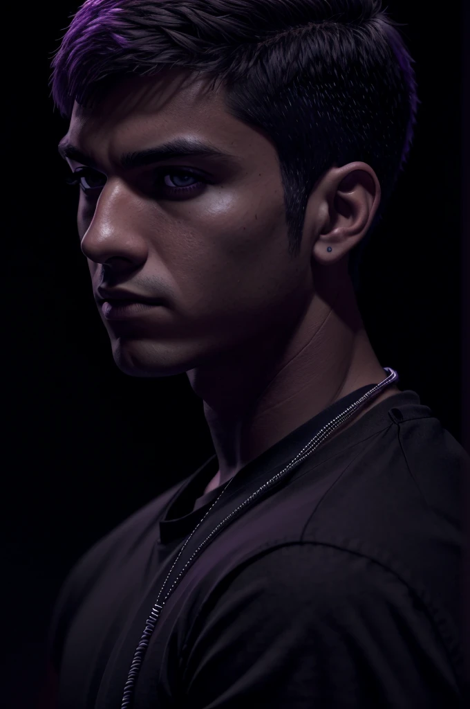 a young hispanic boy with short hair in a black shirt, highly detailed vfx portrait, jared aura and wires, amazing lighting effect, extremely moody purple lighting, darksynth character portrait, nft portrait, 8k portrait rendering, epic portrait and stylish, high quality portrait, 8K portrait photo, profile portrait, 3d render