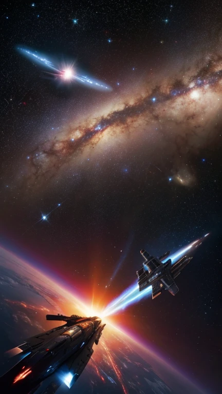 high quality, detailed, Galactic War, Dogfight,A Super huge space battleship,Great Galaxies and Nebulae and Superstars,