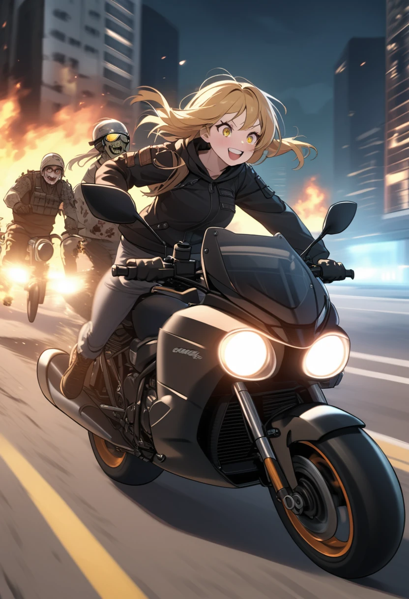 Golden hair, golden eyes, woman, cruiser motorcycle, motorcycle goggles, happy, big smile, burning city at night, zombie apocalypse, black streetwear, speeding, fleeing