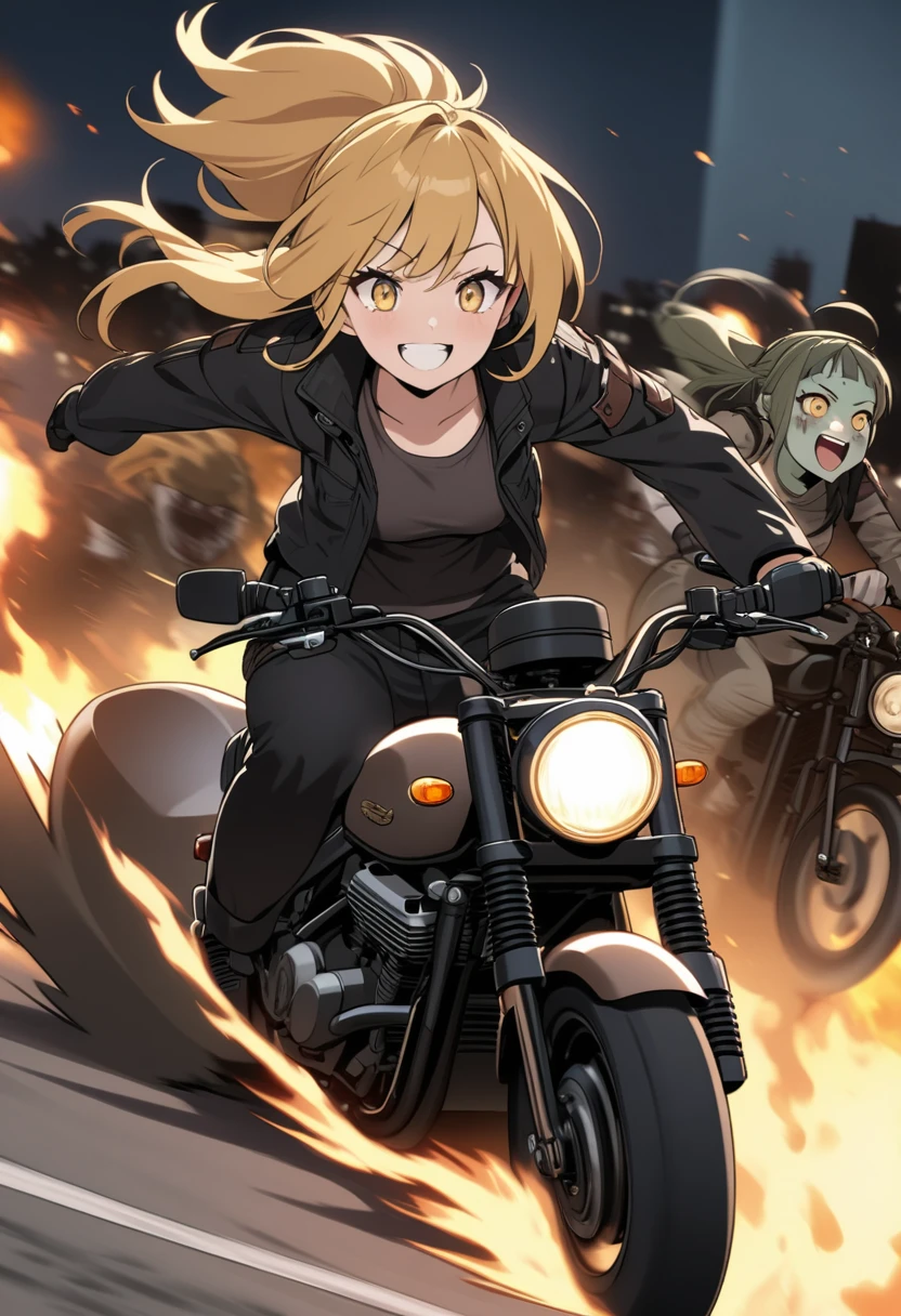 Golden hair, golden eyes, woman, cruiser motorcycle, motorcycle goggles, happy, big smile, burning city at night, zombie apocalypse, black streetwear, speeding, fleeing