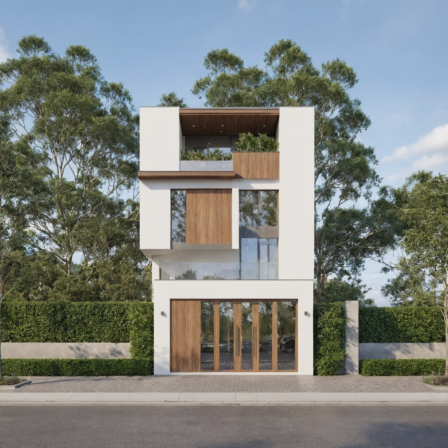 exterior house, contemporary style, white wall, wood wall, wood door, glass window, (realistic:1.2), Masterpiece, high quality, best quality, authentic, super detail, outdoors,road,pavement, grass, trees, sky, cloud, (daylight:1.1)
