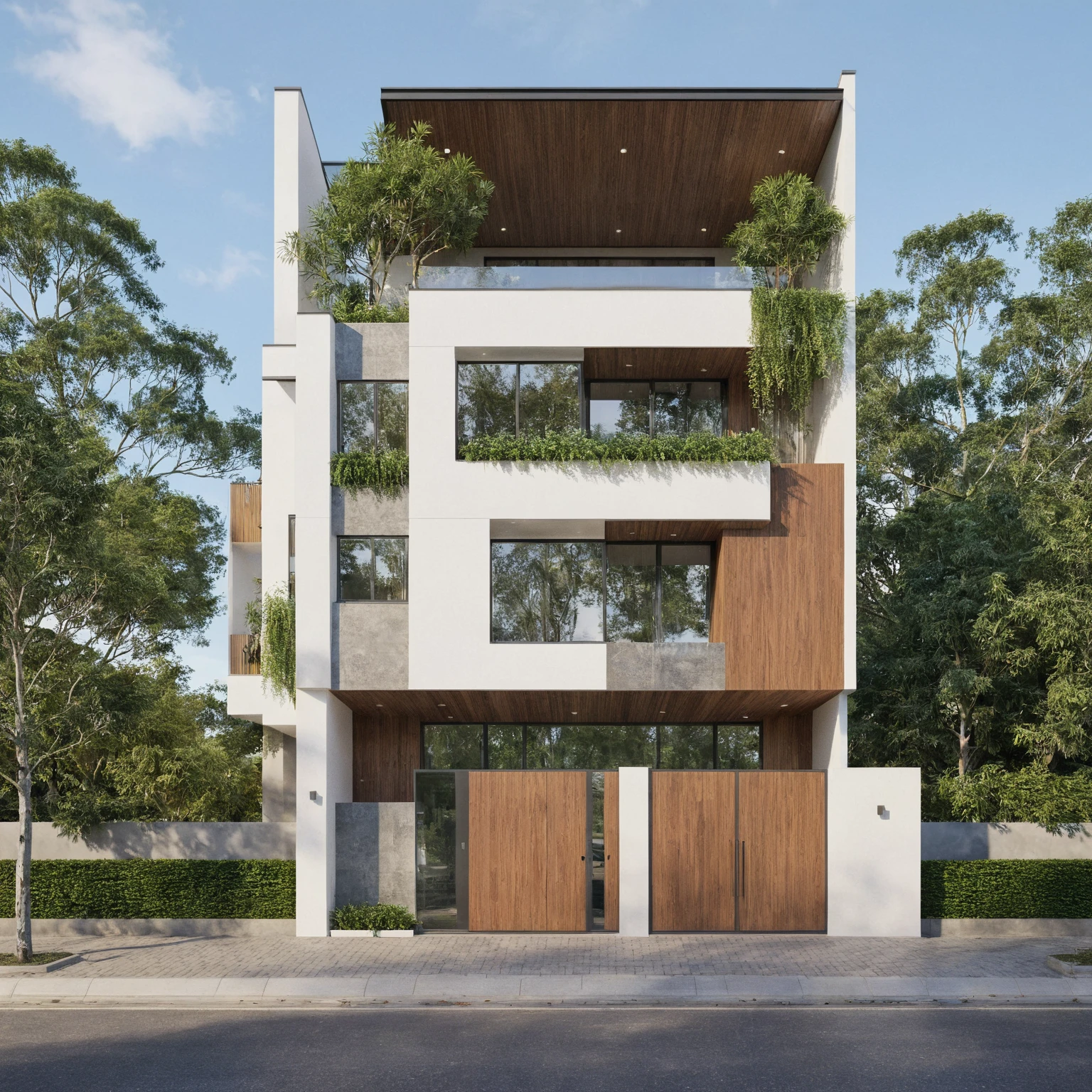 exterior house, contemporary style, white wall, wood wall, wood door, glass window, (realistic:1.2), Masterpiece, high quality, best quality, authentic, super detail, outdoors,road,pavement, grass, trees, sky, cloud, (daylight:1.1)
