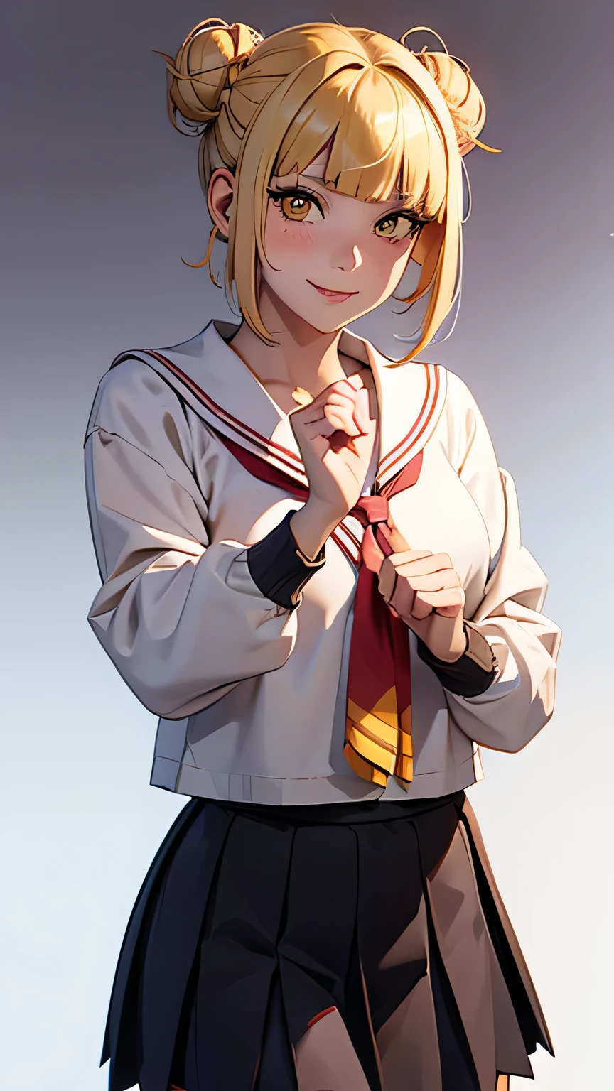 1girl, toga himiko, waving, cardigan, solo, skirt, smile, blonde hair, blush, long sleeves, looking at viewer, , pleated skirt, messy hair, bangs, yellow eyes, outstretched hand, sailor collar, open hand, short hair, blunt bangs, gradient, spread fingers, gradient background, black skirt, cowboy shot, serafuku, double bun