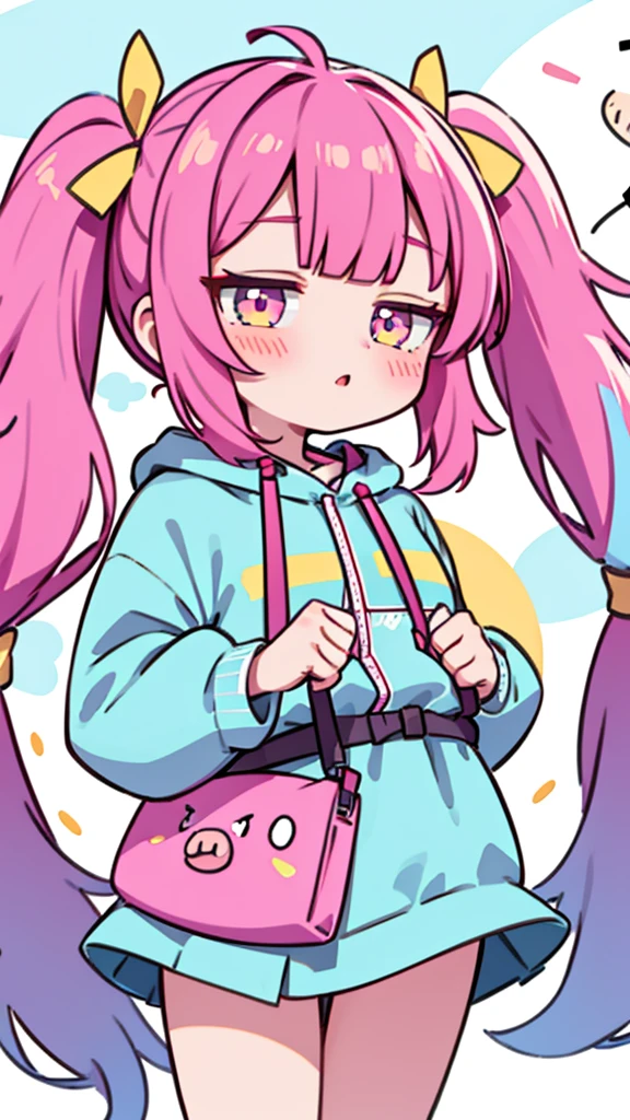 half body, girl, kangel from needy streamer overdose, two pigtails, with bangs, cute, super colorful, streamer backround, streamer 