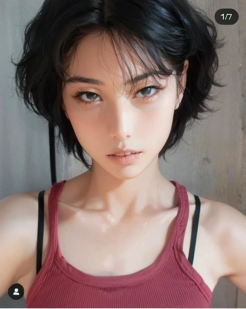 A black-haired girl,Wearing a red vest,Half-length photo,Looking at the camera