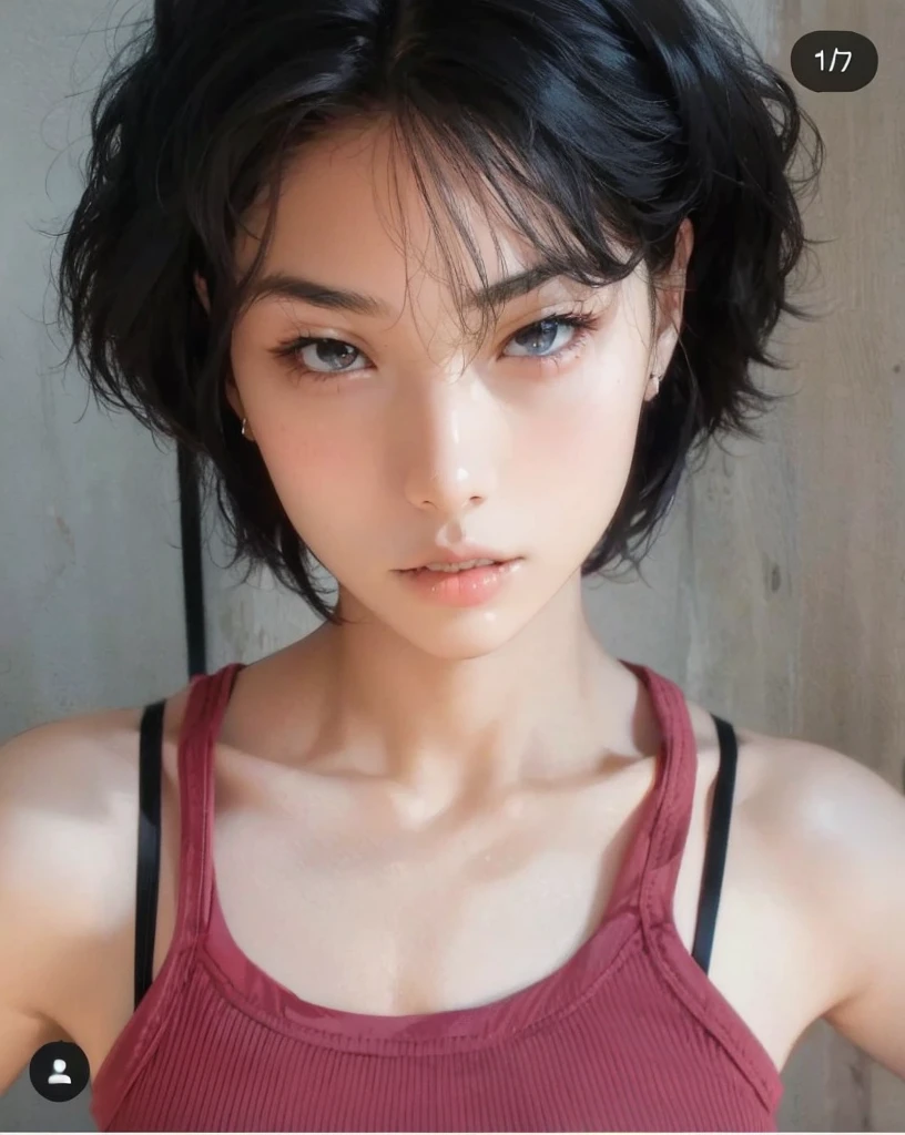 A black-haired girl,Wearing a red vest,Half-length photo,Looking at the camera