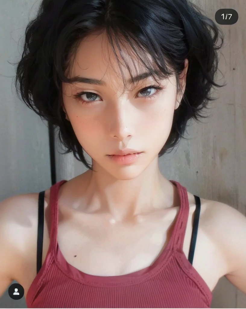 A black-haired girl,Wearing a red vest,Half-length photo,Looking at the camera