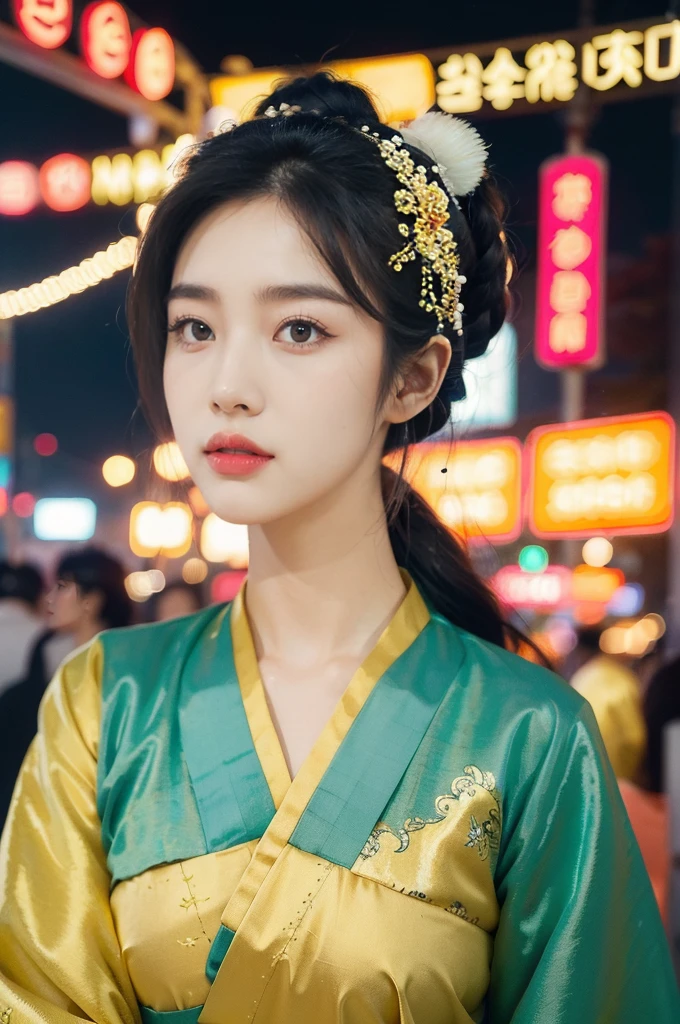 (((best quality))),(((ultra detailed))),(((masterpiece))),illustration,1girl, Korean traditional Costume, summer night, Yanbian Korean Autonomous Prefecture, street, neon signs, beautiful, vibrant, detailed facial features,medium hair, elegance, cultural atmosphere, bustling city, colorful advertisements, reflections, lively atmosphere, street food aroma
