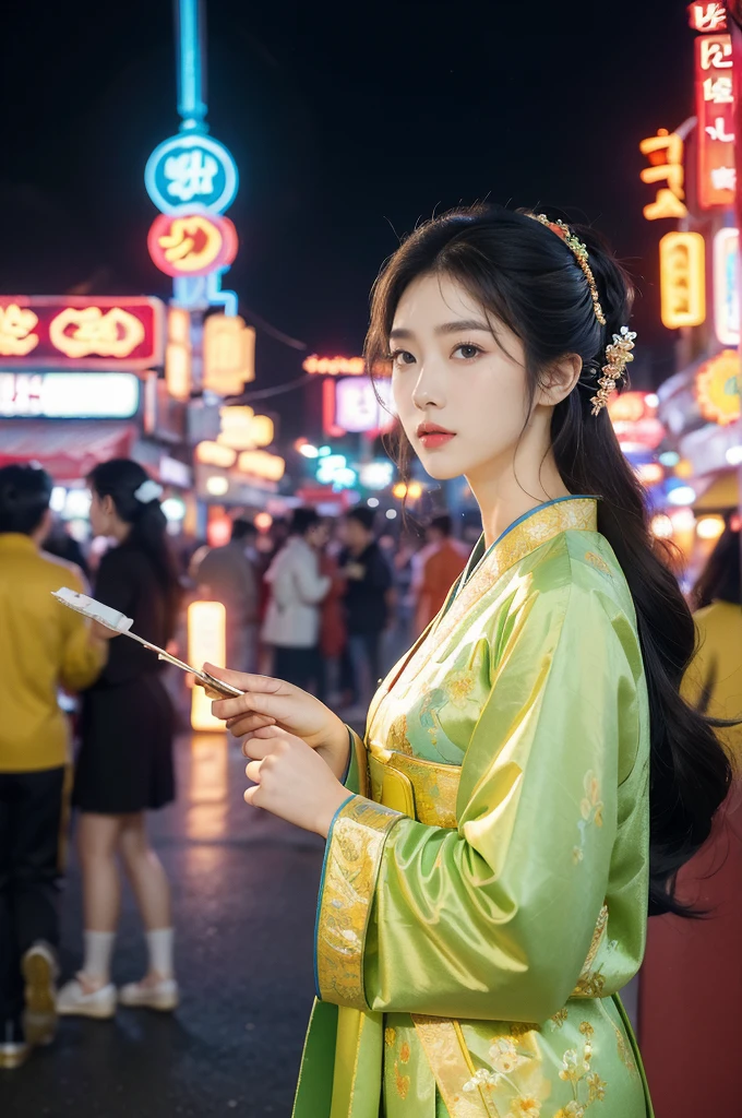 (((best quality))),(((ultra detailed))),(((masterpiece))),illustration,1girl, Korean traditional Costume, summer night, Yanbian Korean Autonomous Prefecture, street, neon signs, beautiful, vibrant, detailed facial features,medium hair, elegance, cultural atmosphere, bustling city, colorful advertisements, reflections, lively atmosphere, street food aroma