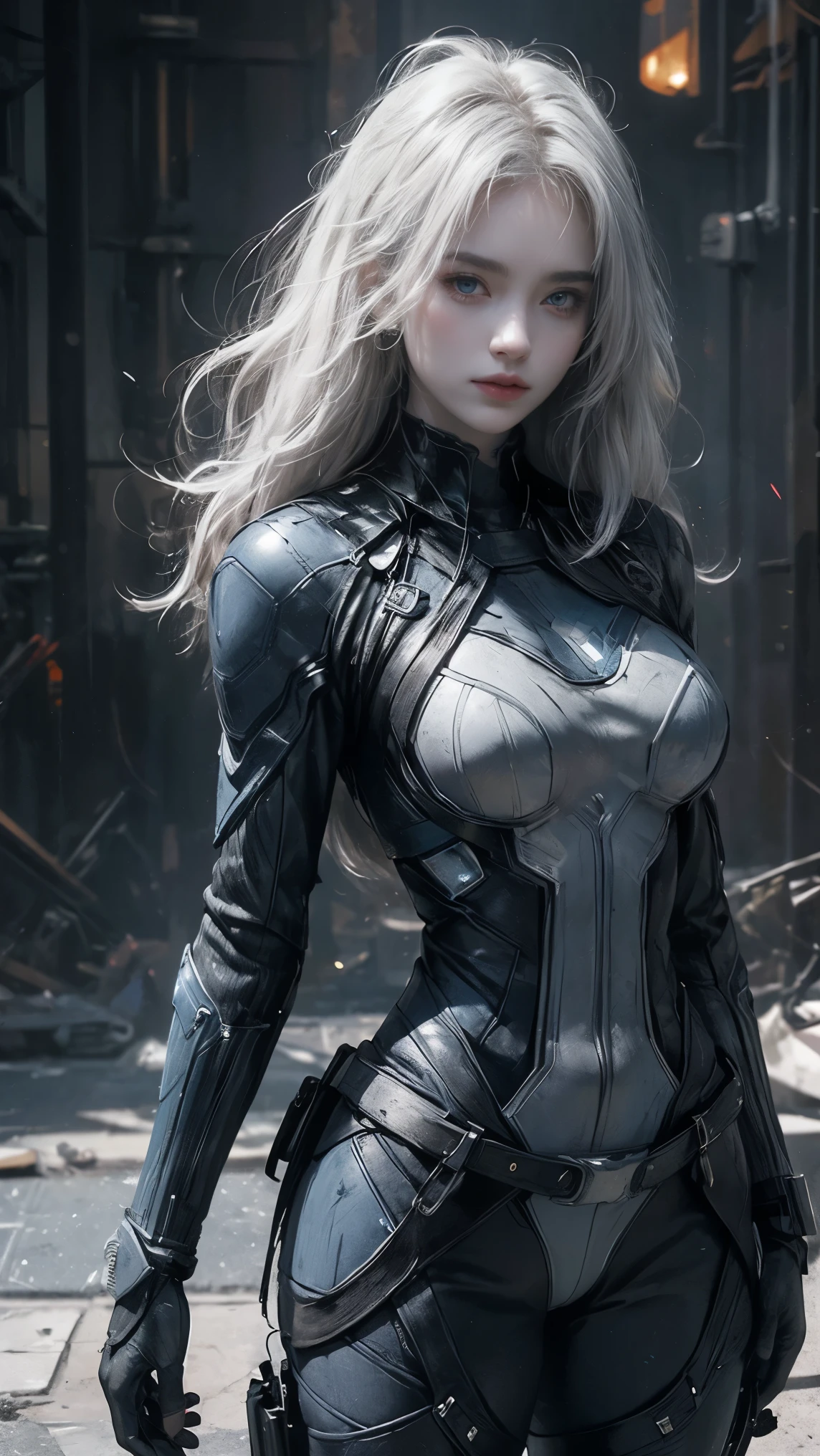 (1girl:1.3), solo, __body-parts__, official art, unified wallpaper 8k, super detailed, beautiful and aesthetic, beautiful, masterpiece, best quality, raw, masterpiece, super beautiful photo, best quality, super high resolution, photorealistic realism, sunlight, full-length portrait, amazing beauty, dynamic pose, delicate face, bright eyes, white hair ((rear view)), she wears a futuristic Captain America costume, blue color scheme, (hand a shield), Capital A on the ?????, very detailed abandoned warehouse background, detailed face, detailed complex busy background, dirty, gorgeous, milky white, very detailed skin, realistic skin details, visible pores, sharp focus, volumetric mist, 8k uhd, SLR camera, high quality, film grain, light leather, photorealism, lomography, huge metropolis in a future dystopia, bottom view, translucent