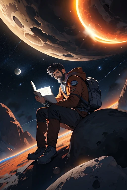 Drawing of a young programmer, Sitting on a research platform floating in the middle of the asteroid belt. He is studying with a notebook., Surrounded by several asteroids emitting fiery rings. Dramatic lights from distant stars and planets illuminate the scene, Casting a deep shadow on the suit. The young man looks confident and determined., Look at the vast and mysterious universe with wonder and awe,beard, Cowboy shooting,
