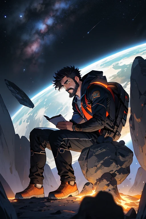 Drawing of a young programmer, Sitting on a research platform floating in the middle of the asteroid belt. He is studying with a notebook., Surrounded by several asteroids emitting fiery rings. Dramatic lights from distant stars and planets illuminate the scene, Casting a deep shadow on the suit. The young man looks confident and determined., Look at the vast and mysterious universe with wonder and awe,beard, Cowboy shooting,