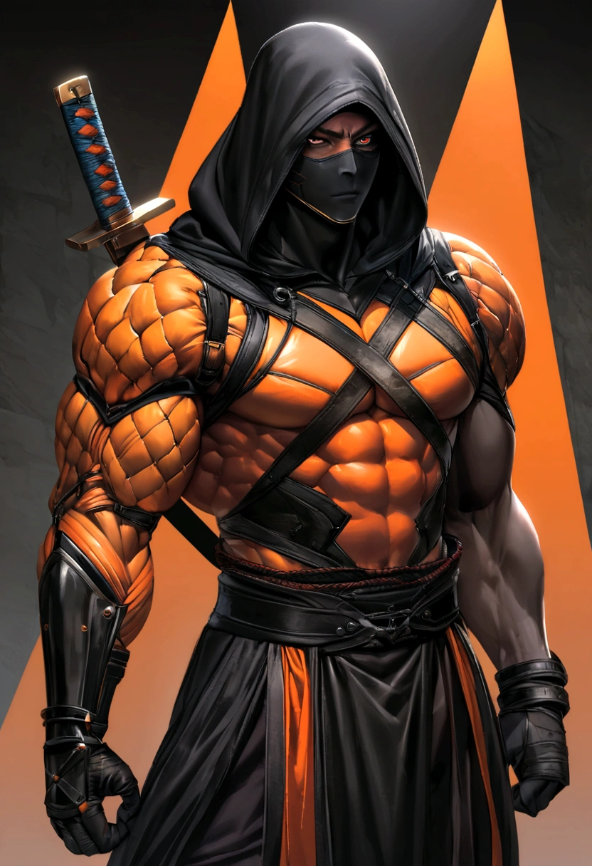 Dark Ninja Face with Black Eyes, tall and muscular male with short jet-black hair, piercing amber eyes, and a sharp jawline with a thin scar on his left cheek. As the leader, he is a master swordsman, an expert in hand-to-hand combat, stealth, infiltration, and tactical strategy. His costume consists of black, tight-fitting armor with orange accents along the edges and joints, a black mask with orange highlights around the eyes, a deep black hood, and twin katanas strapped to his back with orange-wrapped hilts. Geographic Data in Detailed Hyper-Realism Photoshoot Style