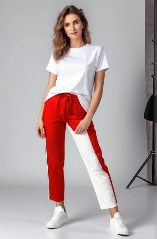 woman in red and white trousers and white T-shirt posing for a photographer, slender legs,Raw photo,8k contract,SLR camera,soft lighting,high quality,Granularity,Hyperrealism hyperrealistic,detailed face,realistic eyes,European face,