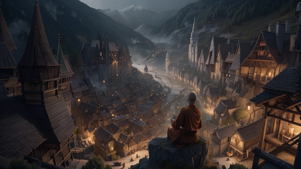 meditation. highly detailed image. Monk meditating in a fantasy world. Feeling of power of knowledge. dream world. strong and vibrant colors. Kinematic lighting.