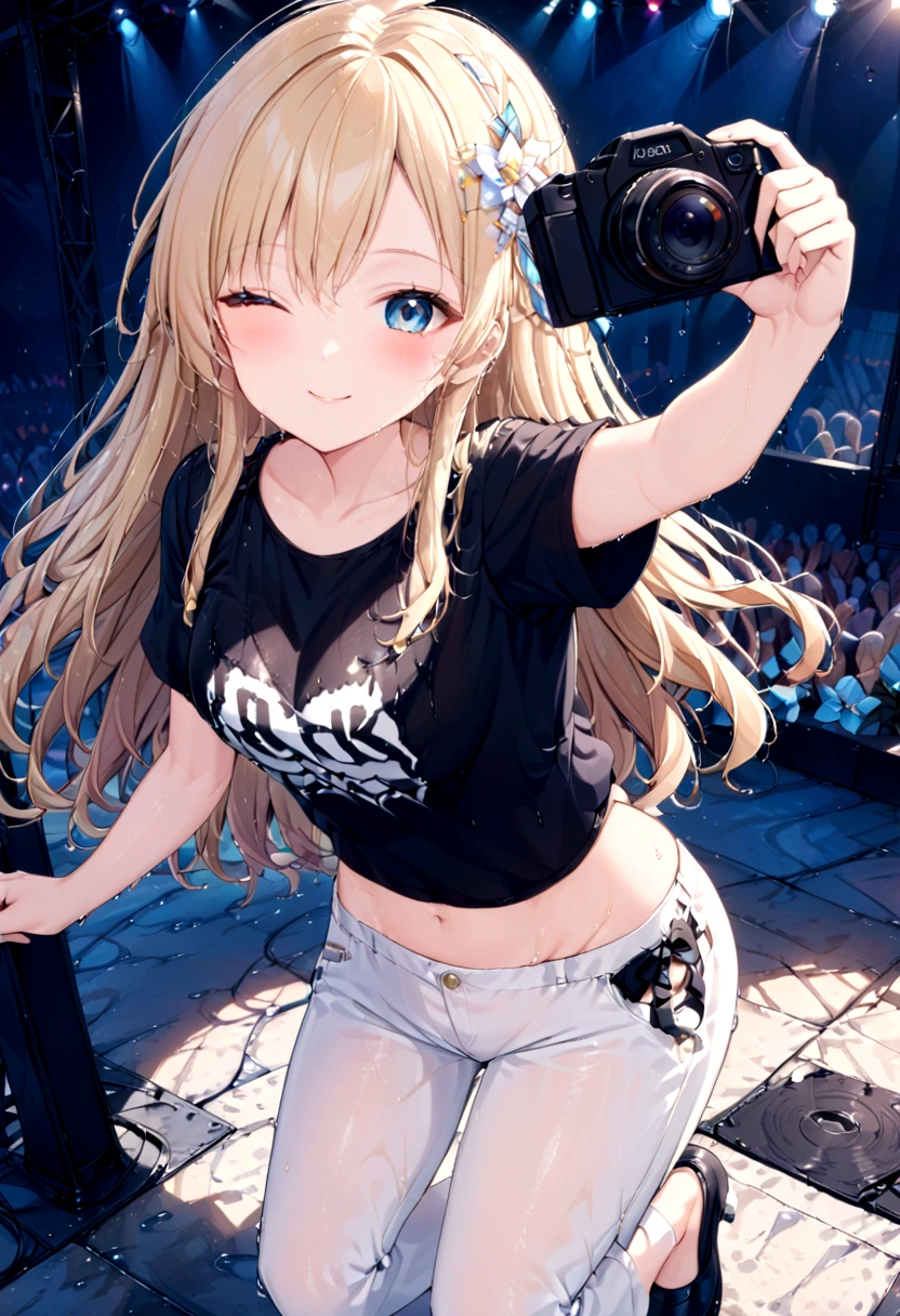 Pretty body ,hold camera , sharp eye , left eye close, look on camera , cute , front of concert stage , focus body , romanian face ,rockstar body , wear white pants and black tshirt ,cute smile ,blonde hair , wet hair , hair oranment ,circle earrimgs ,{full body}