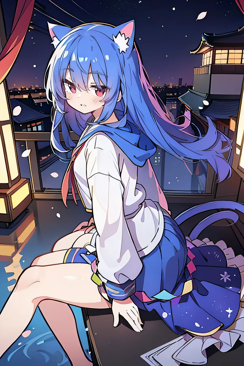 (masterpiece:1.2),Super detailed,lifelike,Expressive eyes,fair skin,perfect face shape,1 girl,
Japanese comics,Gorgeous blue hair,flowing blue hair,flowing clothes,Cat ears,Petals fall,beautiful lola,Baby Angel,
Cross your legs,Gentle and peaceful background,The pavilion is cool and comfortable,smile, wearing hoodie, background of tokyo,back views,snowing, winter.