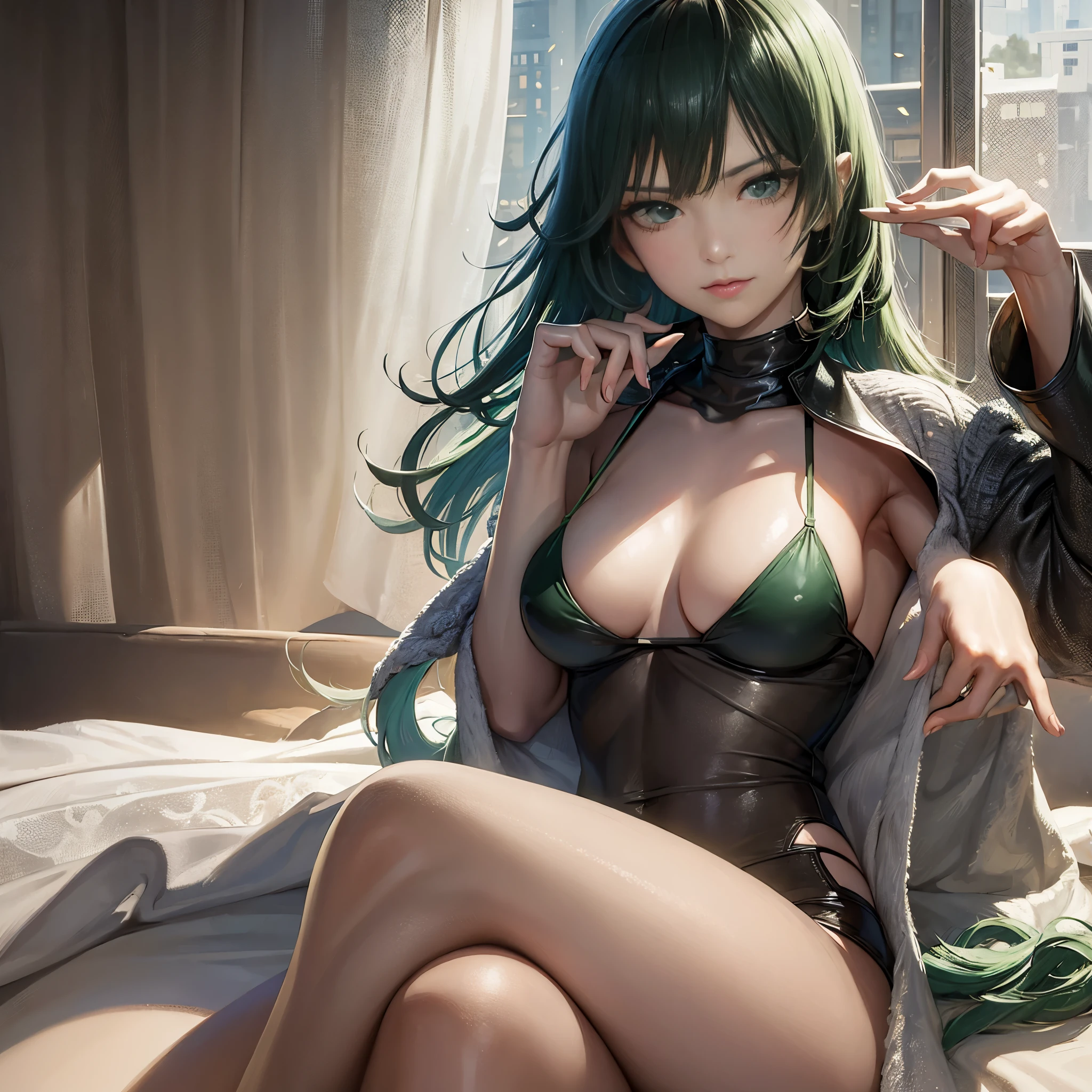 (masterpiece, best quality:1.2), solo, 1girl, fubuki, unamused, closed mouth, looking at viewer, hand on own face, sitting, crossed legs,micro bikini,green hair, green eyes,big thighs 