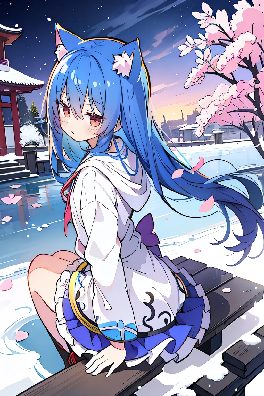 (masterpiece:1.2),Super detailed,lifelike,Expressive eyes,fair skin,perfect face shape,1 girl,
Japanese comics,Gorgeous blue hair,flowing blue hair,flowing clothes,Cat ears,Petals fall,beautiful lola,Baby Angel,
Cross your legs,Gentle and peaceful background,The pavilion is cool and comfortable,smile, wearing hoodie, background of tokyo,back views,snowing, winter.