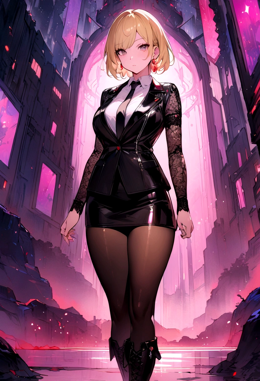 ((Highest quality)), ((masterpiece)), (detailed), high resolution,One girl,Full-body standing illustration,Blonde,career woman,short hair,Lace sleeves,White blouse,Black tie,Black leather jacket,Red earrings,mini skirt,tights,boots