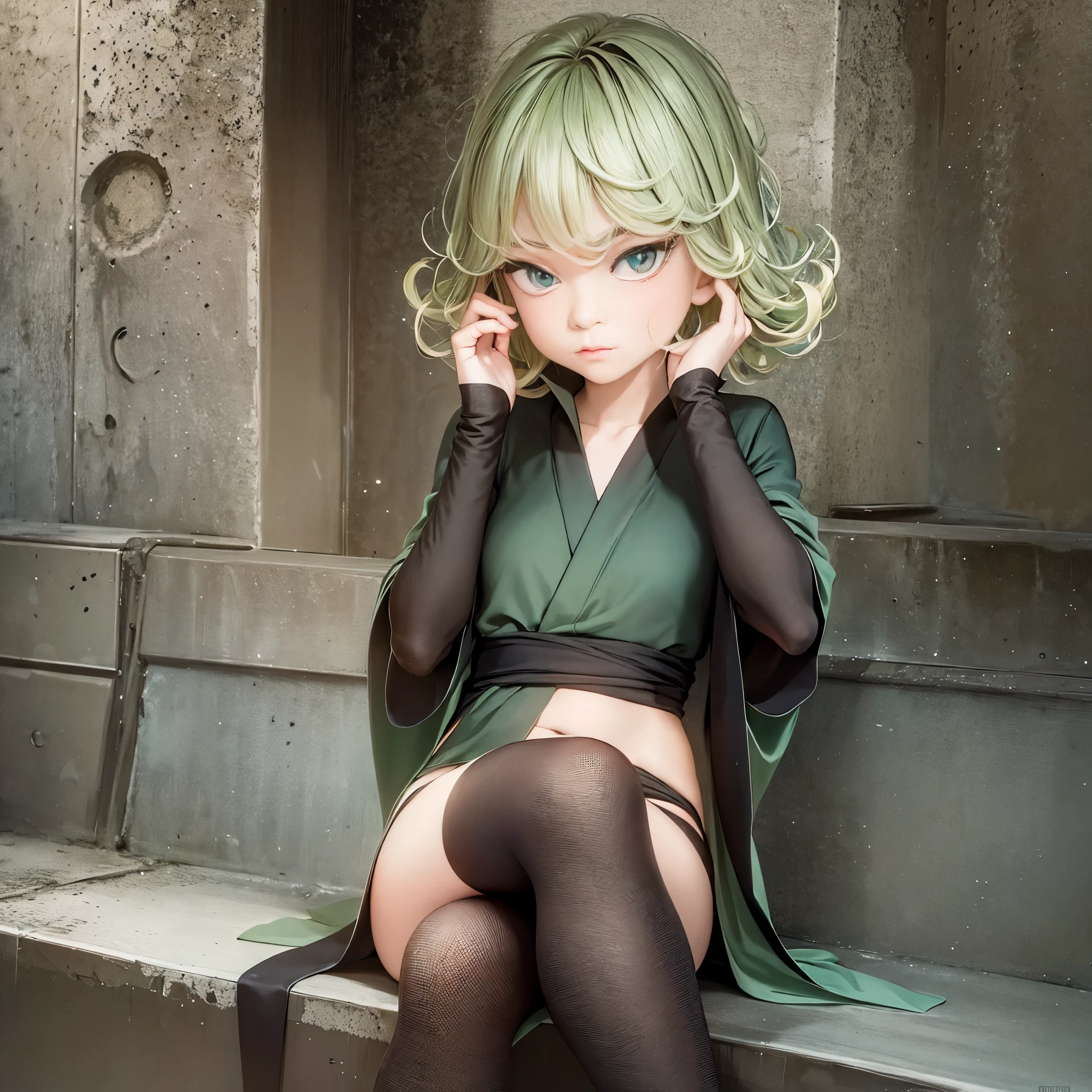 (masterpiece, best quality:1.2), solo, 1girl, tatsumaki, unamused, closed mouth, looking at viewer, hand on own face, sitting, crossed legs,short  kimono,green hair, green eyes,big thighs 