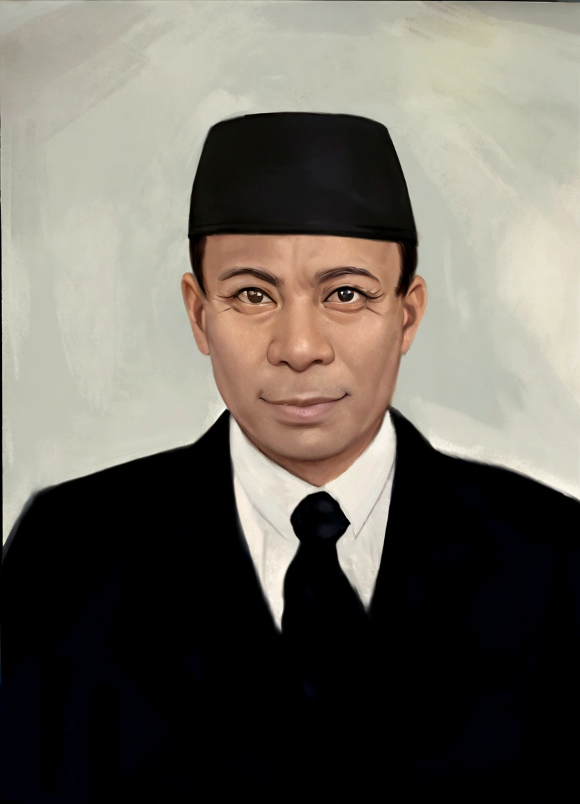 there is a man in a black suit and a black hat, inspired by I Ketut Soki, inspired by Basuki Abdullah, raden saleh, full protrait, by I Ketut Soki, ramil sunga, digital art but photo, jokowi, academy headmaster, mohamed chahin, photoshopped, inspired by Bohumil Kubista