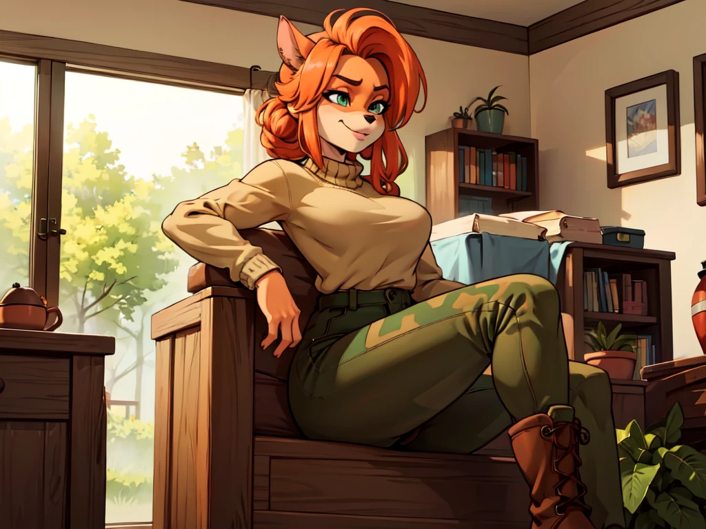 (best quality,4k,8k,highres,masterpiece:1.2),ultra-detailed,realistic:1.37,portrait,anthro bandicoot girl redhead, braided hair, beautiful green eyes, relaxing moment, sexy ,seductive, warm sweater, camouflage pants, army boots, smirking, cozy lighting, vibrant colors , girl anthro , sweater, camouflage pants, army boots, hands to pants , futanari ,пенис срывается под штаны 