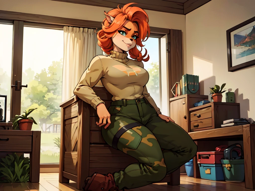 (best quality,4k,8k,highres,masterpiece:1.2),ultra-detailed,realistic:1.37,portrait,anthro bandicoot girl redhead, braided hair, beautiful green eyes, relaxing moment, sexy ,seductive, warm sweater, camouflage pants, army boots, smirking, cozy lighting, vibrant colors , girl anthro , sweater, camouflage pants, army boots, hands to pants , futanari ,пенис срывается под штаны