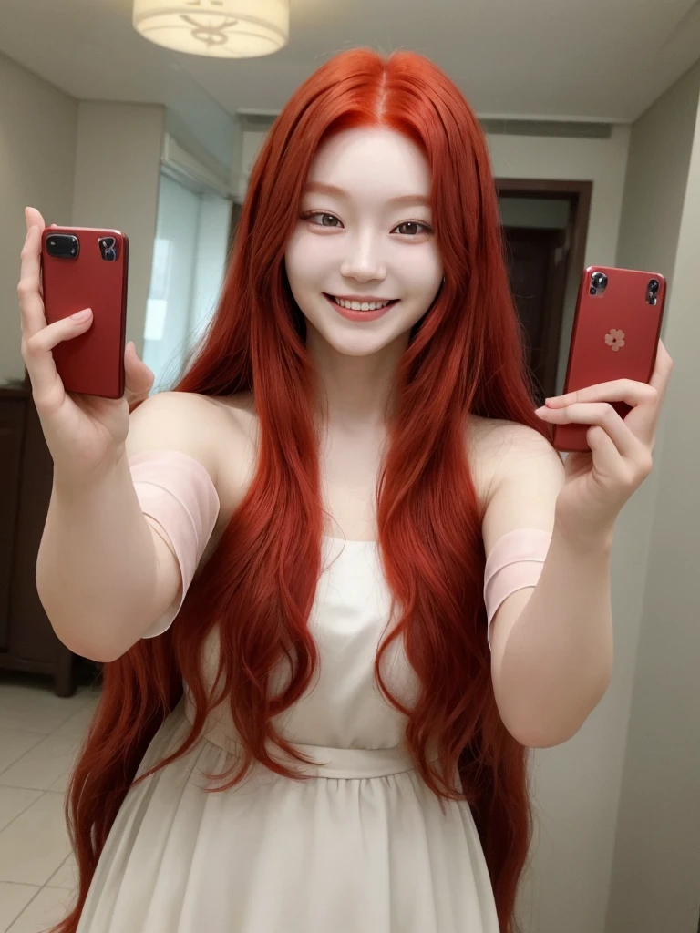Korean with long red hair, smiling face, Selfie
