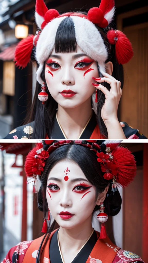 japanese kabuki、eccentric makeup、Please express the jinbaori beautifully. In 4K