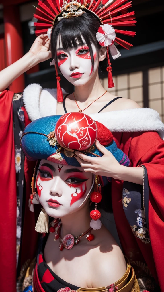 japanese kabuki、eccentric makeup、Please express the jinbaori beautifully. In 4K