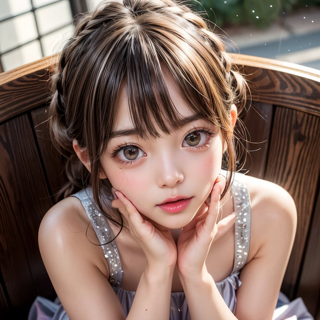 NSFW, 8k, High-level, absurd, masterpiece, best quality, primitive, very detailed CG, very detailed wallpaper, perfect lighting, Extremely detailed (((The personifying " Chibi Maruko-chan " as a Little Girl))), MysticSight, Tyndall effect, Tyndall scattering, Studio gray background with (many Dazzling RainbowColor particles BokeH:1.28), (RoundlyButts, ThighGap), (Exposed:0.4), (Assfocus with looking ahead), BREAK (NOGIZAKA face variations) Extremely Detailed very KAWAII face variations, perfect anatomy, Childish, captivating gaze, elaborate detailed Eyes with (sparkling highlights:1.28), long eyelashes、Glossy RED Lips with beautiful details, Coquettish tongue, Rosy cheeks, Radiant PearlSkin with clear transparency . { (Dynamic LifeLike expressions:1.4) | :d) }, (large eyes:-1) .