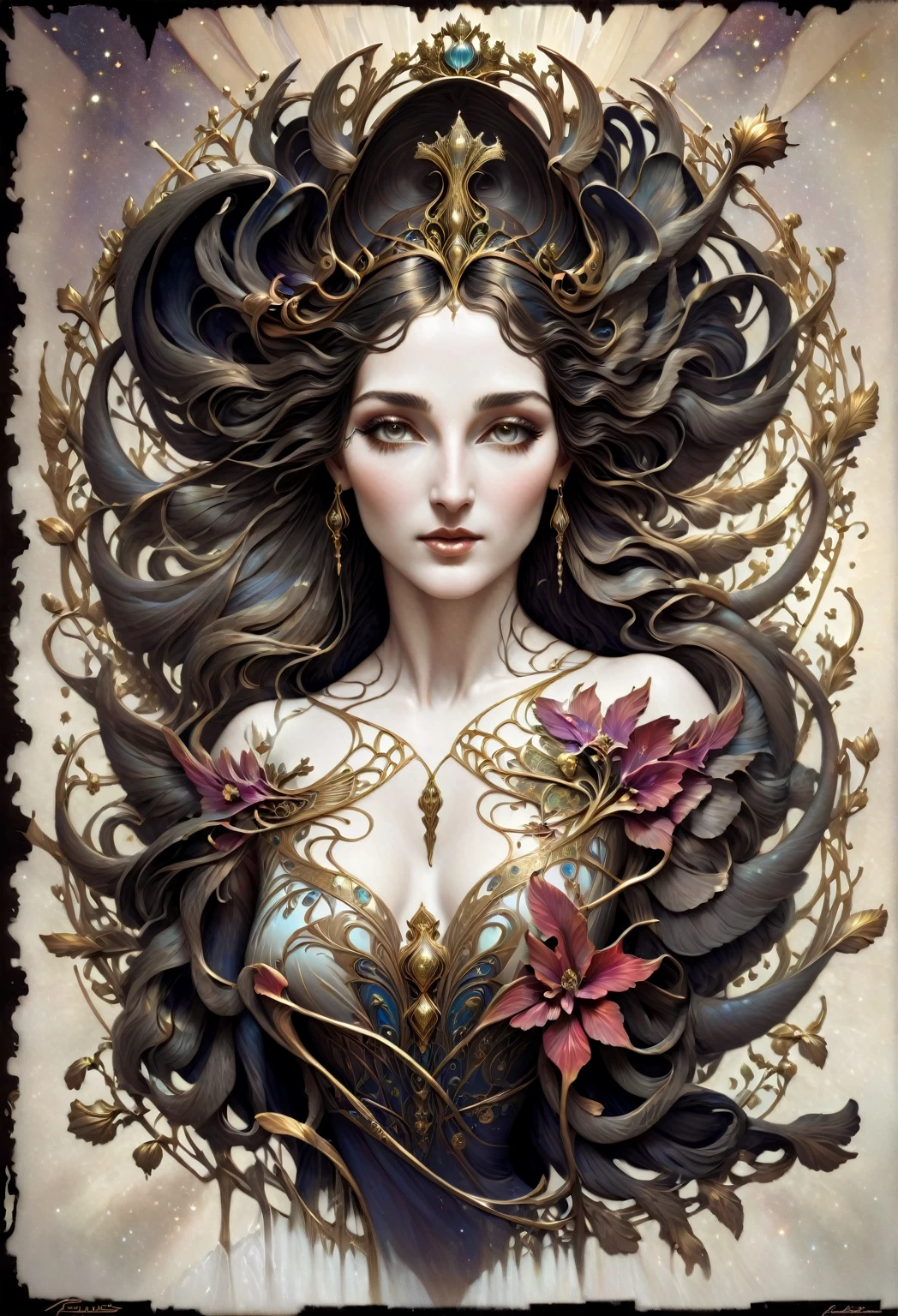 a beautiful goddess isis, egyptian goddess, alphonse mucha style, detailed crown, queenie gesture, ornate headdress, flowing robes, golden skin, piercing eyes, intricate details, ethereal lighting, dreamlike atmosphere, vibrant colors, dramatic pose, masterpiece, 8k, ultra-detailed, photorealistic, cinematic, glowing aura